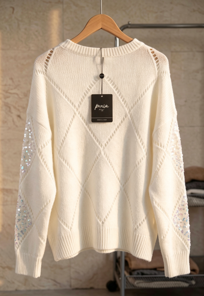 White Textured Knit Relaxed Sweater with Diamond Sequin Panels