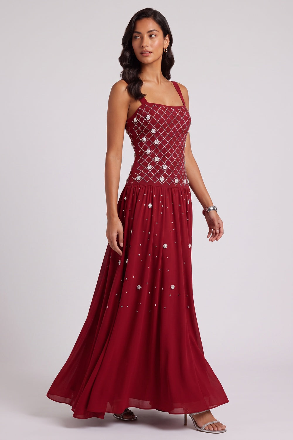 Square Strap Grid Rhinestone Pearl Flowy Maxi Dress