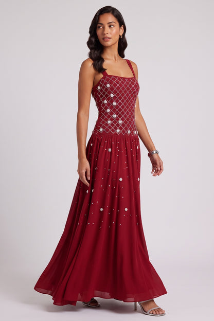 Square Strap Grid Rhinestone Pearl Flowy Maxi Dress