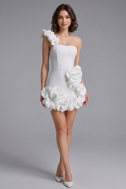 White Structured Stretch Crepe One-Shoulder Bodycon Mini Dress white structured stretch crepe dress - product view 1