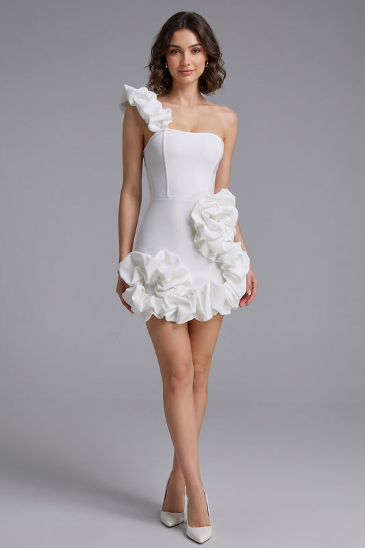 White Structured Stretch Crepe One-Shoulder Bodycon Mini Dress white structured stretch crepe dress - product view 1