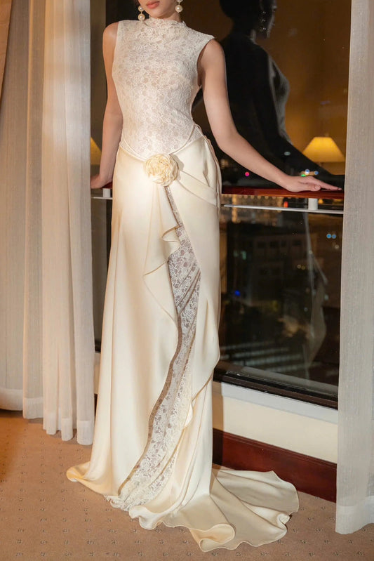 giselle flower embellished sleeveless lace maxi dress  in white