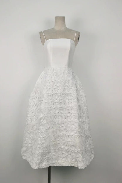 WHITE FLORAL EMBELLISHED STRAPLESS MIDI DRESS