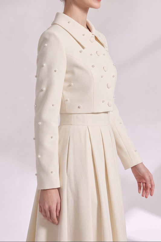 Pearl Embellished Collar Crop Blazer &amp; High Waist Pleated Midi Skirt Two Piece Set