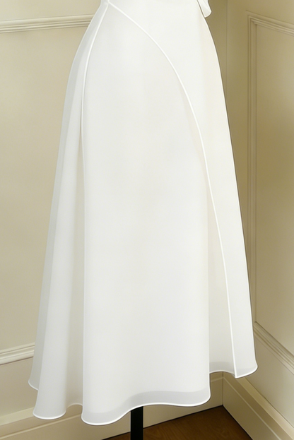 Strapless Layered Organza Midi Dress In White With Graay Flower Embroidery