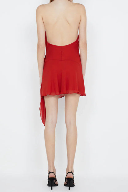 Halter backless V-neck sleeveless lace-up mini dress in red