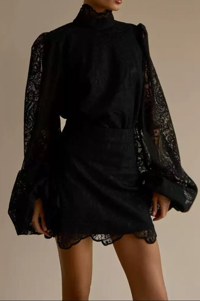 Black Lace Ruffle Neck Puff Sleeve Top & A-Line Skirt Two-Piece Set