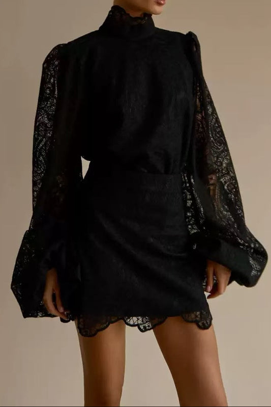 Black Lace Ruffle Neck Puff Sleeve Top & A-Line Skirt Two-Piece Set