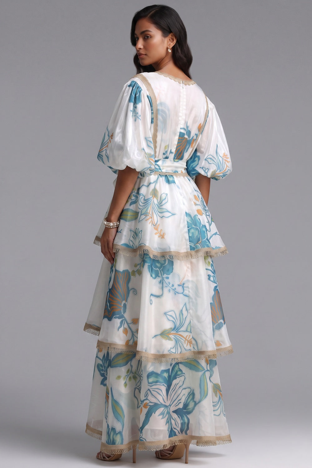 White Semi-Sheer Organza or Lightweight Silk A-Line Tiered Maxi Dress white, off-white semi-sheer organza or lightweight silk tiered maxi dress - product view 4