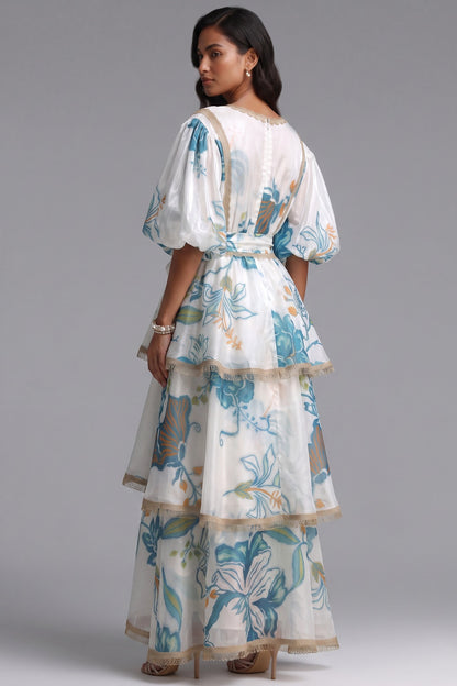 White Semi-Sheer Organza or Lightweight Silk A-Line Tiered Maxi Dress white, off-white semi-sheer organza or lightweight silk tiered maxi dress - product view 4