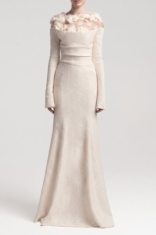Off-The-Shoulder 3D Floral Sheer Yoke Mermaid Maxi Gown