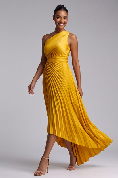 Yellow One-Shoulder Pleated Midi Dress Premium Fabric - product view 3