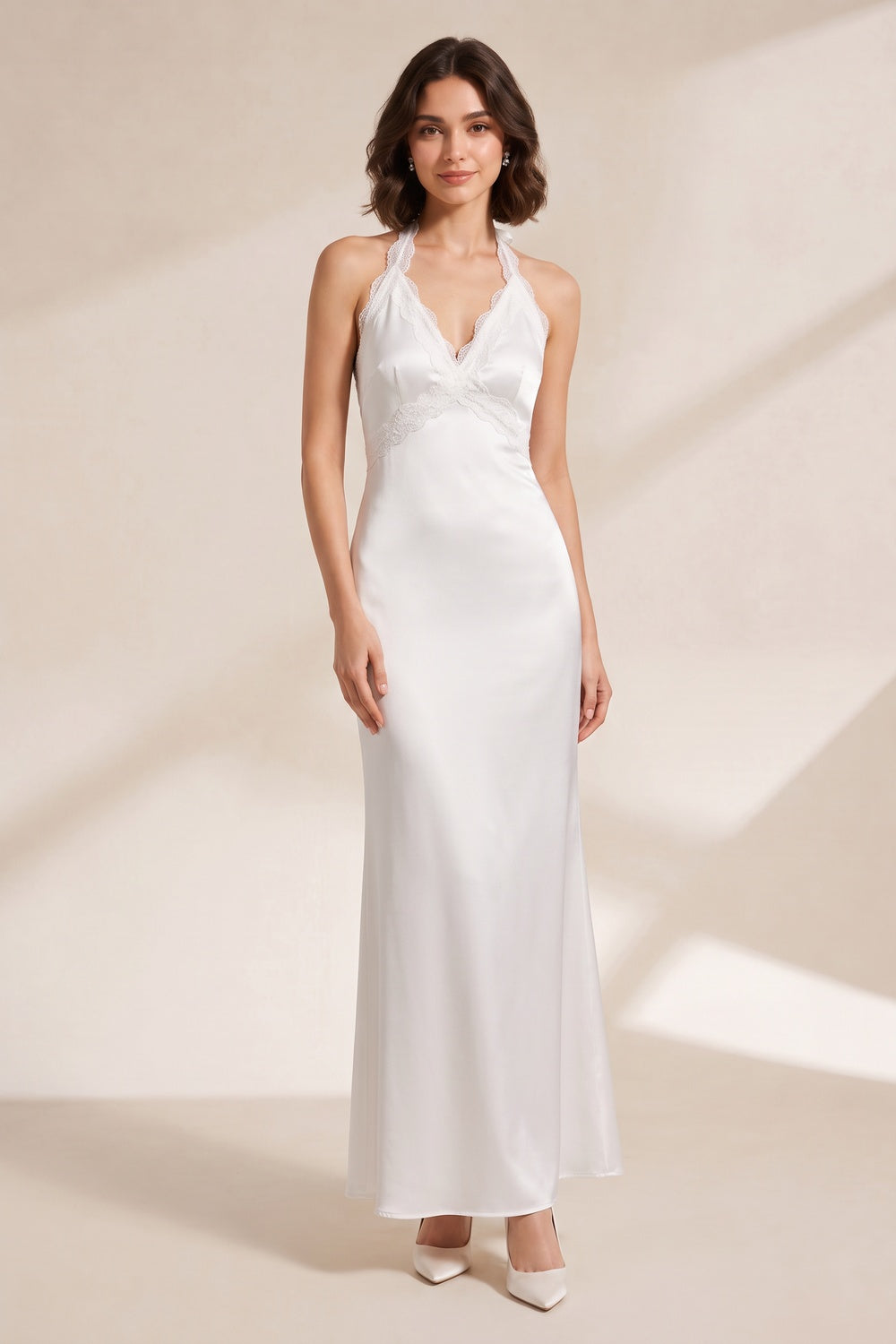 White Halter Maxi Dress with Lace Trim Premium Fabric - product view 4