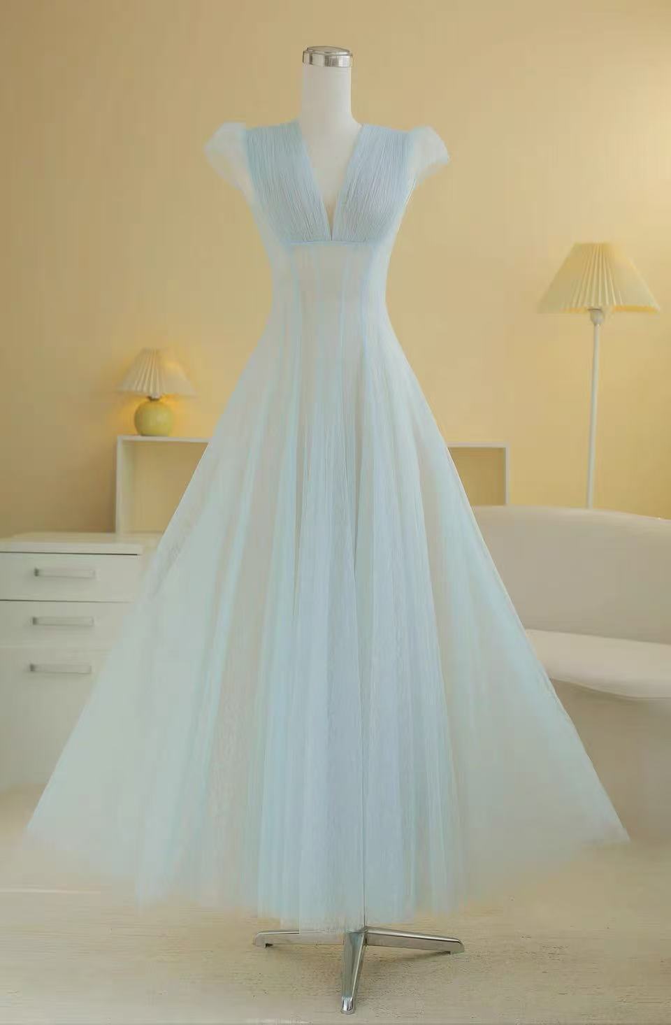 Glitter Tulle Cap Sleeve V-Neck Empire Waist Flowy Maxi Dress