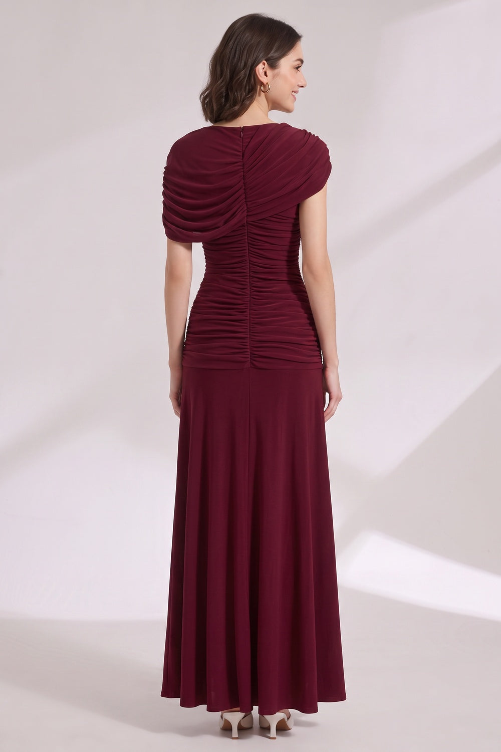 Burgundy Stretch Jersey Fitted Bodice with Flared Skirt Gown burgundy stretch jersey gown - product view 5