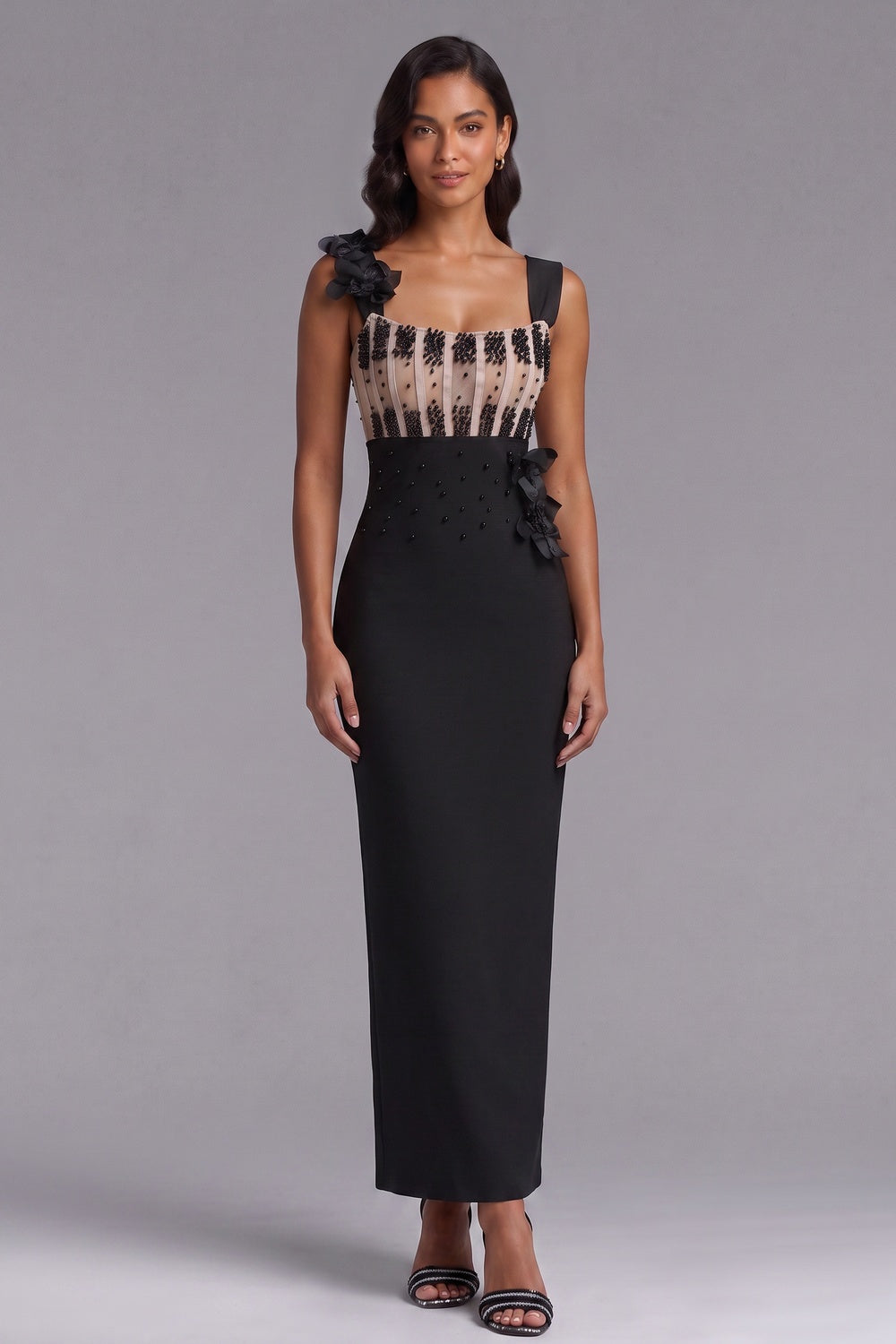 Black Structured Crepe Column Evening Gown with Beaded Bodice black structured crepe evening gown - product view 3