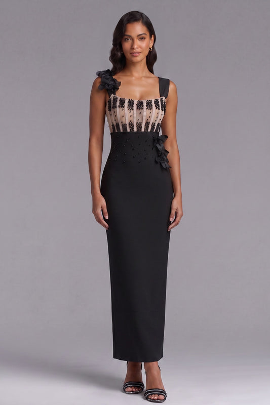 Black Structured Crepe Column Evening Gown with Beaded Bodice black structured crepe evening gown - product view 3