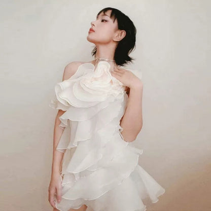 Shelyn Flower One Shoulder Ruffle Mini Dress - Beige