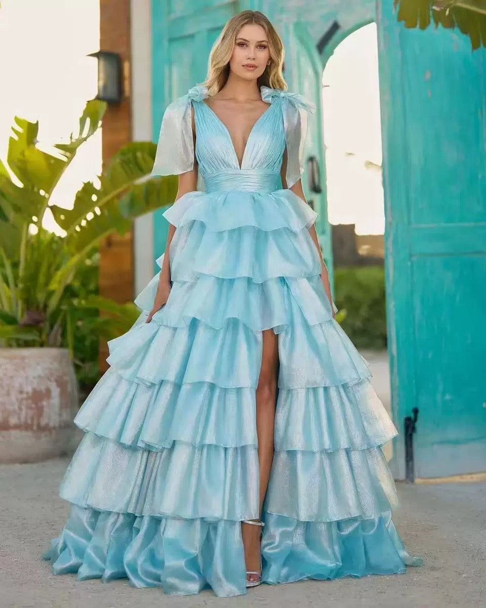 Princess A-Line V-Neck Tiered Prom Dress With Slit
