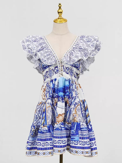 Printed Plunge Neck Mini Dress