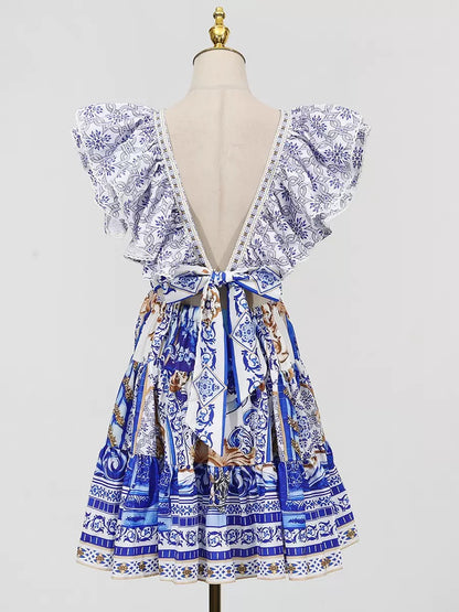 Printed Plunge Neck Mini Dress