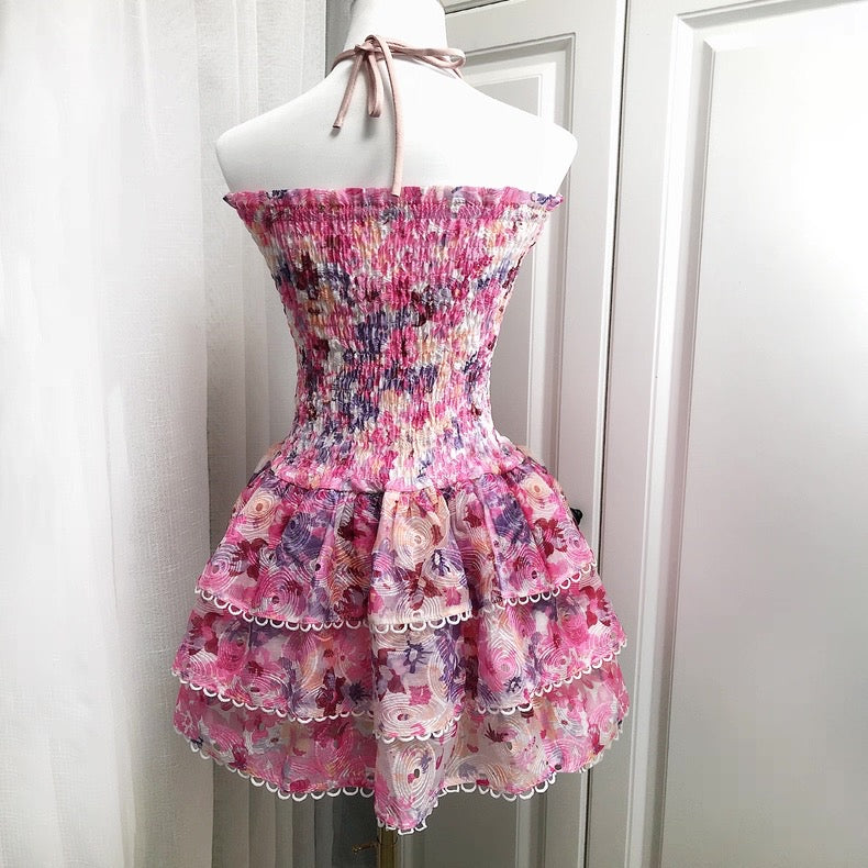 PINK FLORAL RUCHED STRAPLESS MINI DRESS