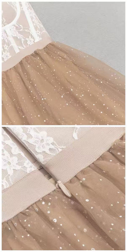 Peach Sparkle Tulle Corset Strapless Midi Dress