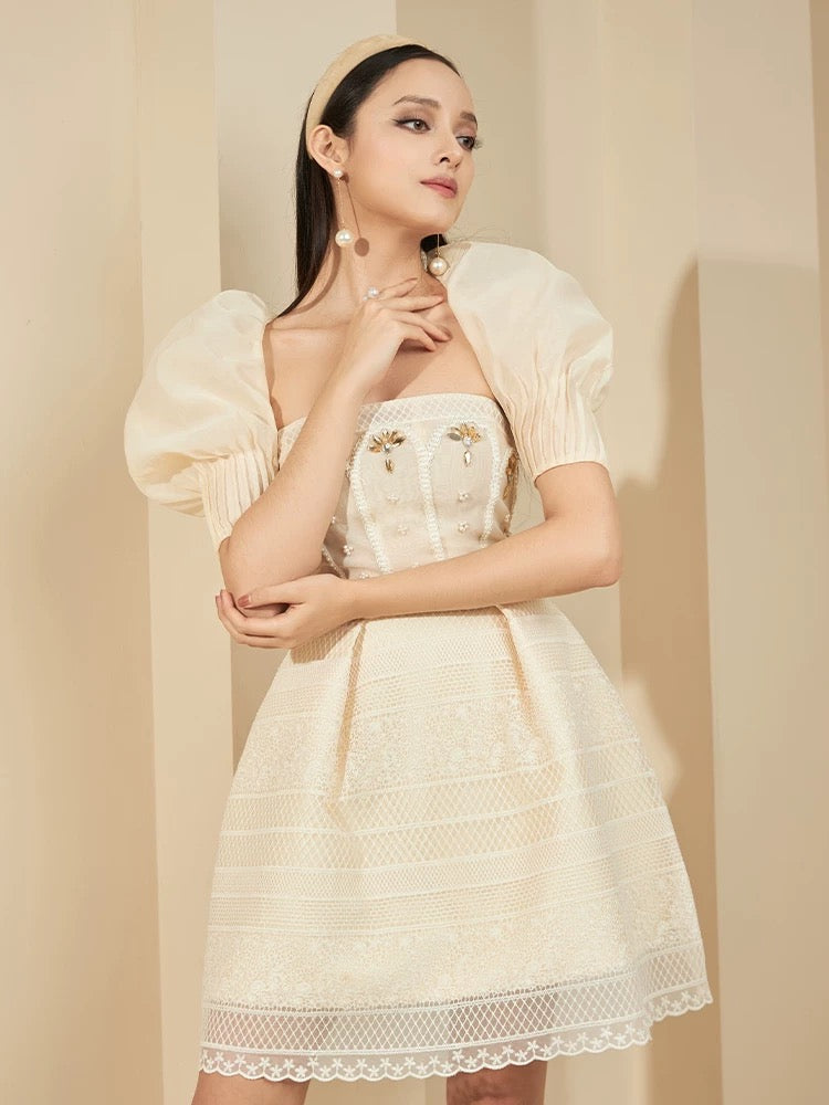 TERESA BEIGE A-LINE STRAIGHT ACROSS NECK LACE MINI DRESS