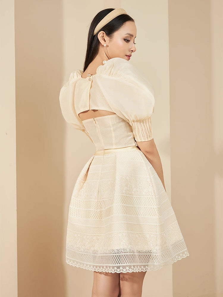 TERESA BEIGE A-LINE STRAIGHT ACROSS NECK LACE MINI DRESS
