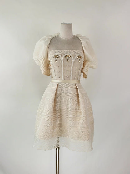 TERESA BEIGE A-LINE STRAIGHT ACROSS NECK LACE MINI DRESS