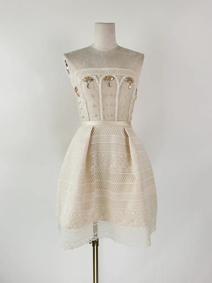 TERESA BEIGE A-LINE STRAIGHT ACROSS NECK LACE MINI DRESS