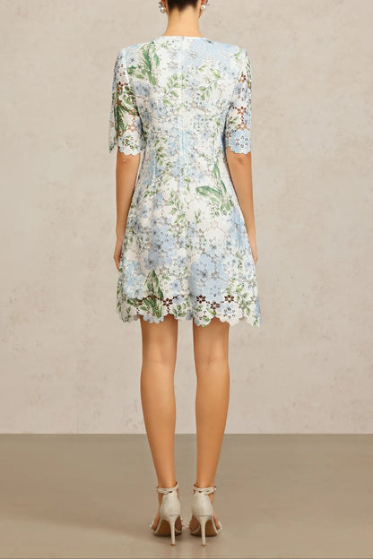 hazel Floral Printed Lace Mini Dress in sky blue