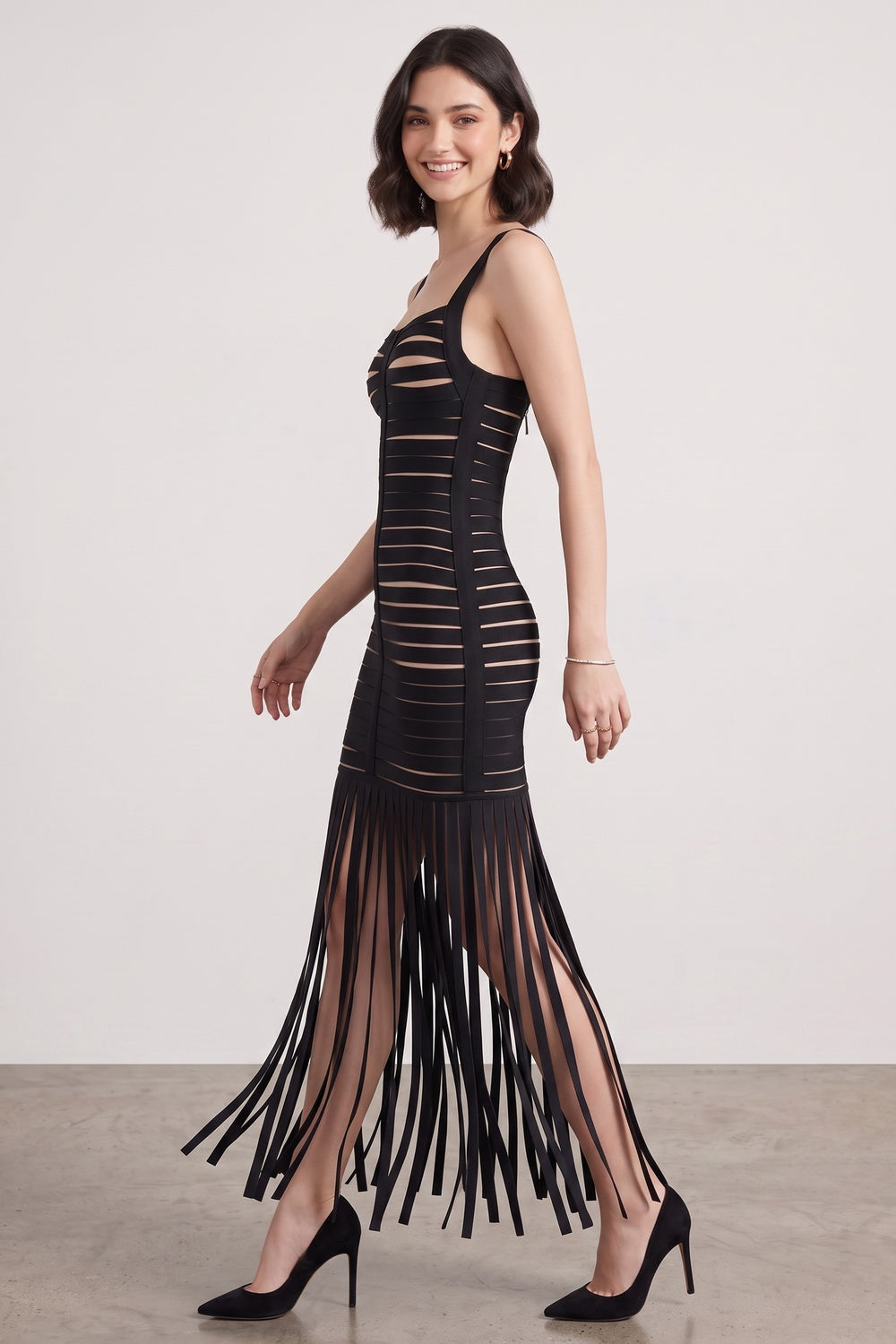 Black Bandage Knit Fringe Maxi Dress black bandage knit dress - product view 2