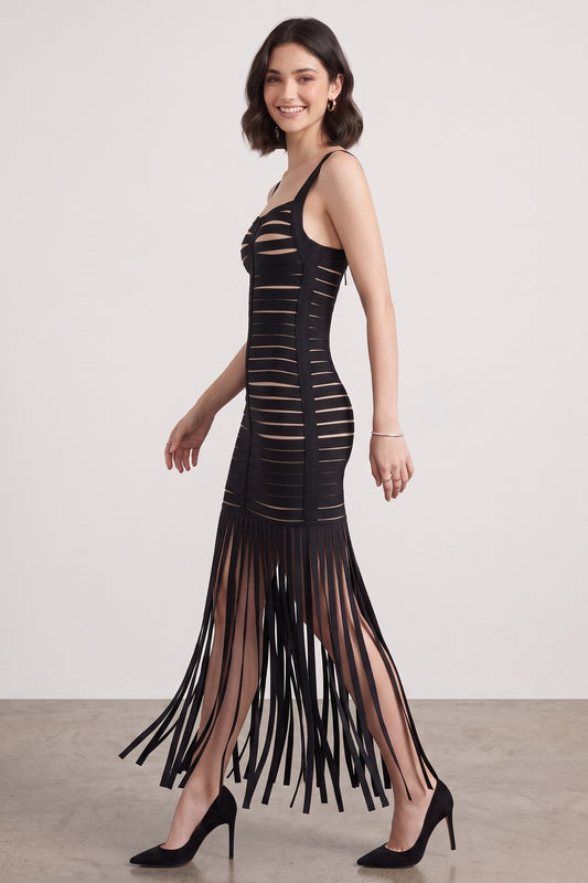 Black Bandage Knit Fringe Maxi Dress black bandage knit dress - product view 2