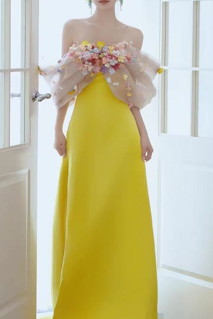 Bright Yellow Satin Strapless Maxi Gown With 3D Colorful Floral Tulle Bust