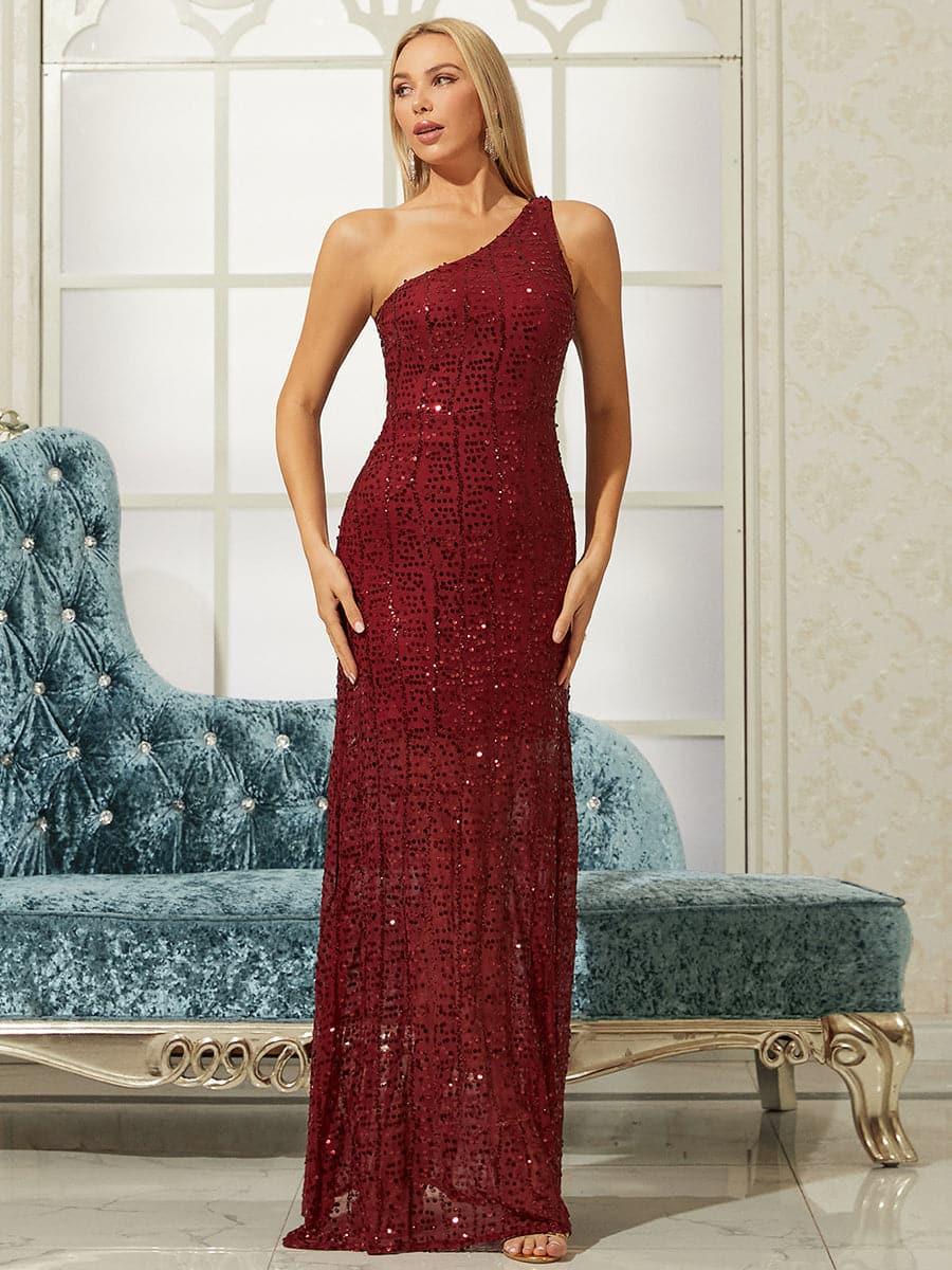 One Shoulder Sequins Maxi Prom Dress