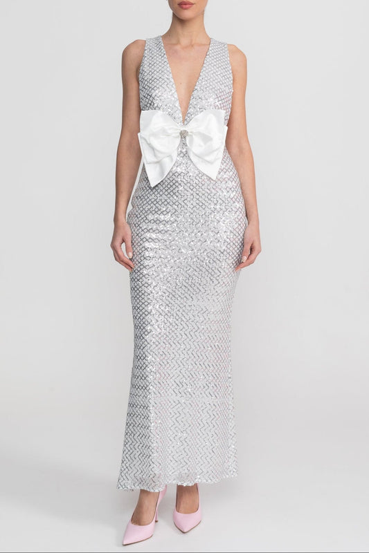 Sequin Maxi Dress With Satin Bow Detail - Light Grey
