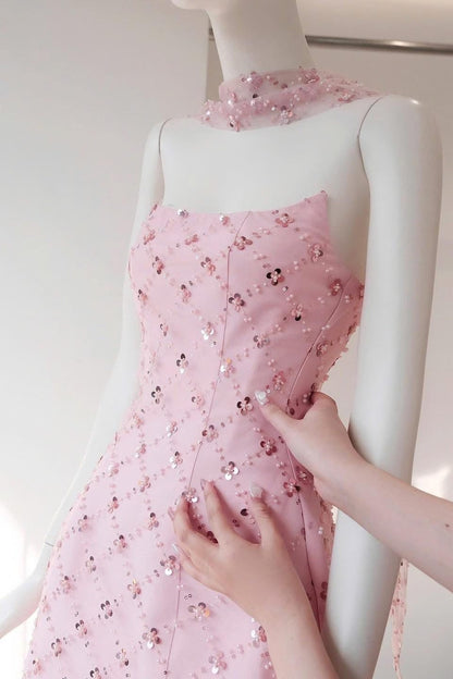 Strapless Sequins pearl mini dress in pink