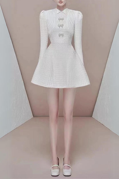 LONG SLEEVE BOW A-LINE MINI DRESS IN WHITE