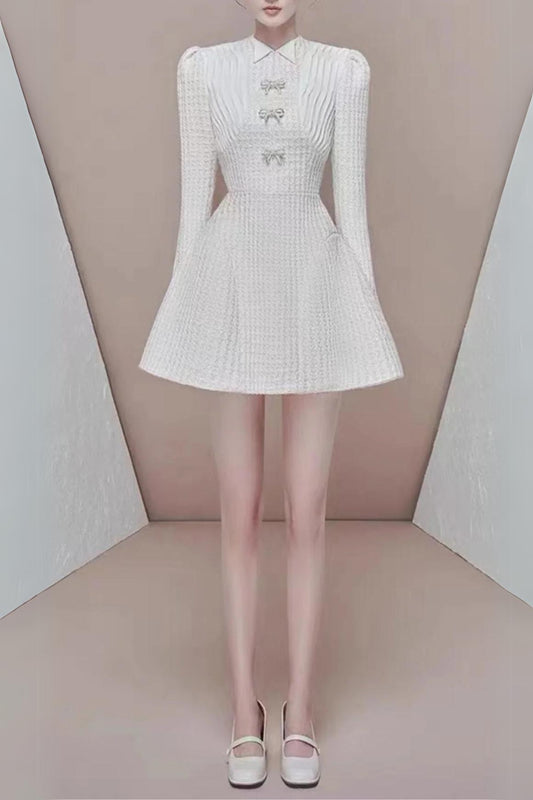 LONG SLEEVE BOW A-LINE MINI DRESS IN WHITE
