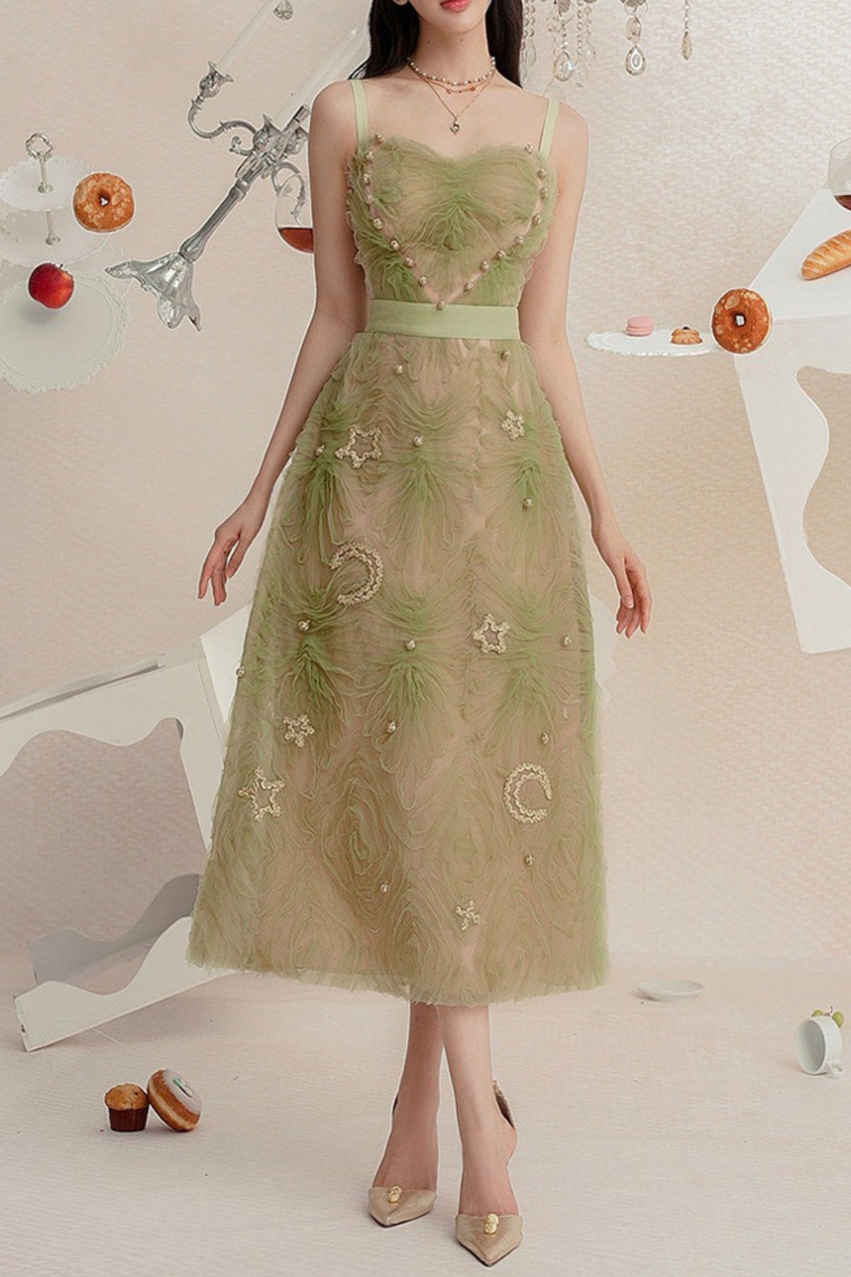 SPAGHETTI STRAPS MESH MIDI DRESS