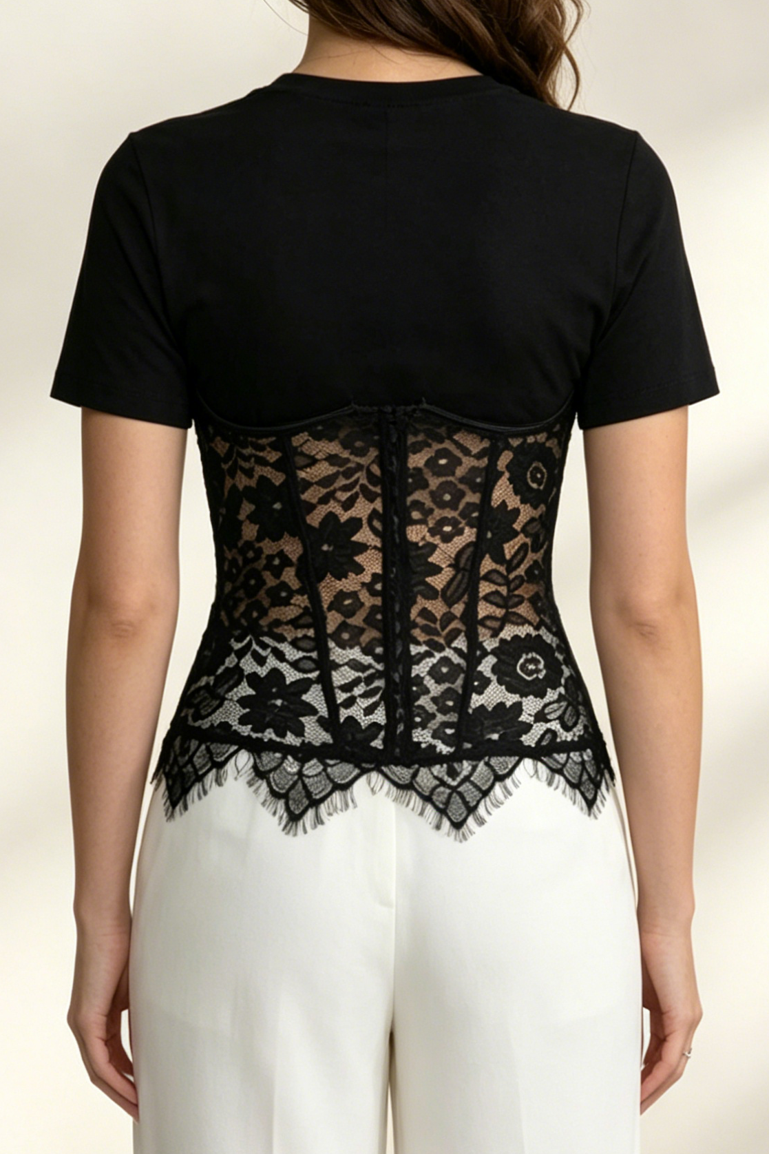Black Spliced Floral Lace Corset Short Sleeve T-shirt