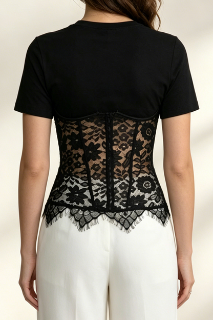 Black Spliced Floral Lace Corset Short Sleeve T-shirt