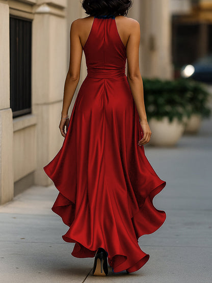 Midnight Elegance Satin Halter Ruffle Gown