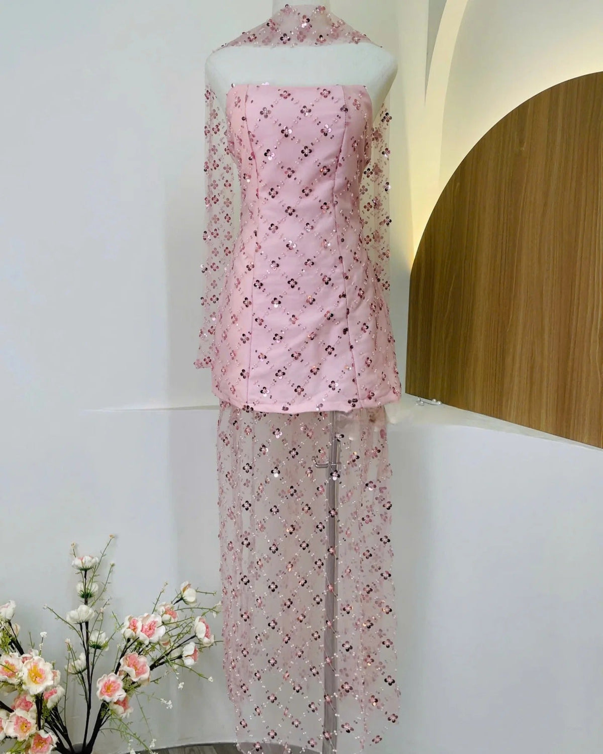 alberta Strapless Sequins pearl mini dress in pink