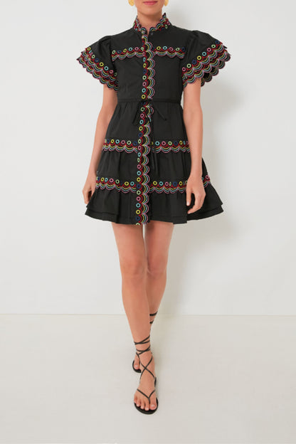 WAVY RUCHED  TRIM MINI DRESS IN BLACK
