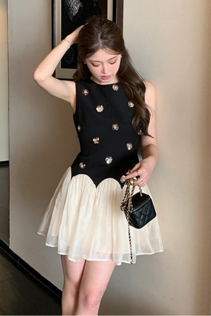 Stereoscopic Flower sleeveless mesh mini dress