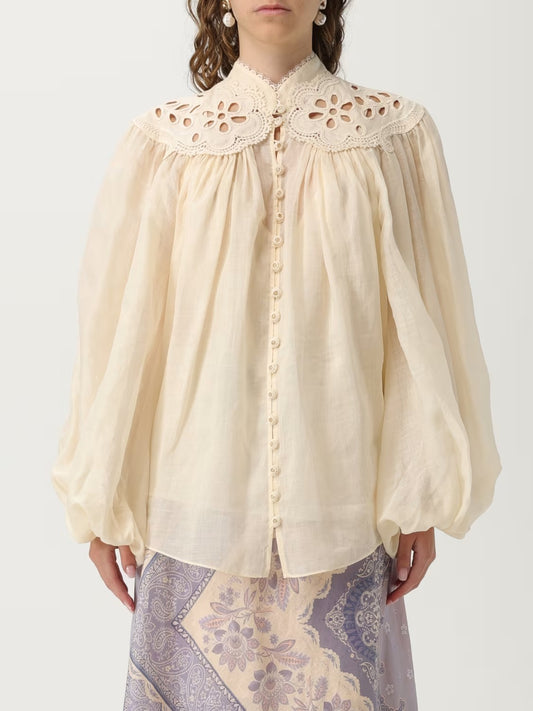 hollow embroidery cotton and linen long-sleeved shirt top