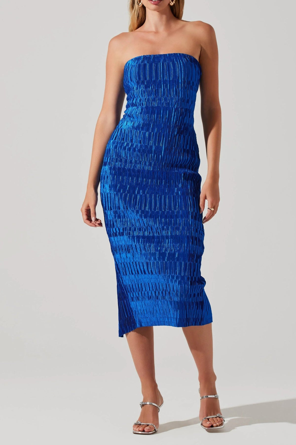 Reine Plisse Strapless Midi Dress