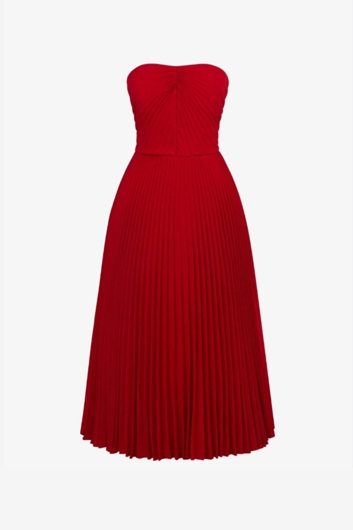 PLEATED STRAPLESS MIDI DRESS IN WINE RED